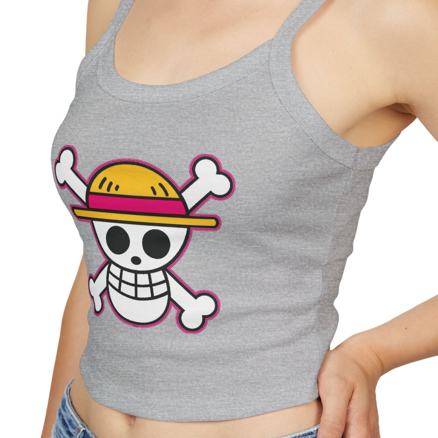 Skull & Straw Hat Crop Tank Top – Anime Pirate Jolly Roger Beach Vibe by Printify