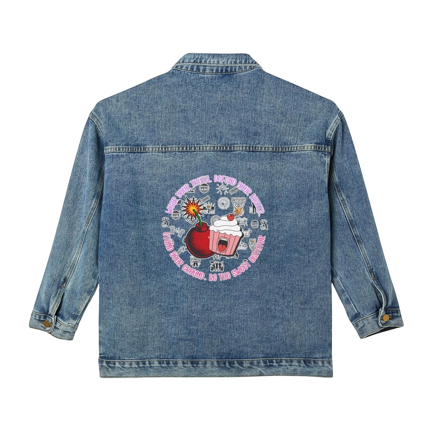 Denim Jacket Outerwear Retro Floral Cupcake Graphic Back Print Model DJ001 by Printify