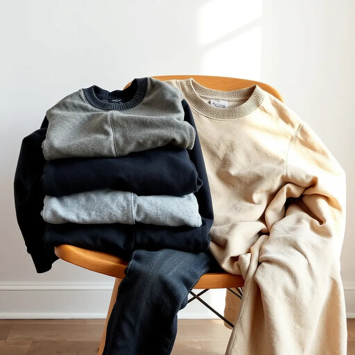 Neatly styled unisex premium sweatshirts on a chair with visible soft fabric texture in natural light