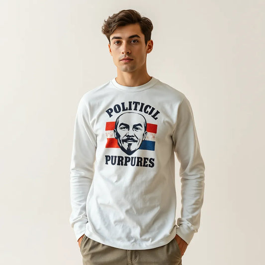 Model wearing a satirical graphic shirt with subtle red and blue accents in a clean studio setting