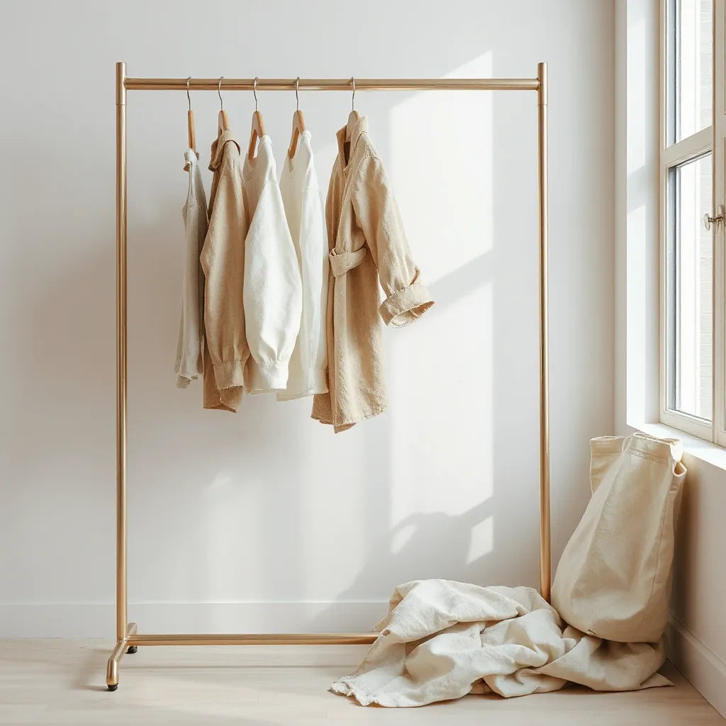Neatly arranged natural-fiber clothing on a minimal rack with folded fabric and a tote bag in soft daylight