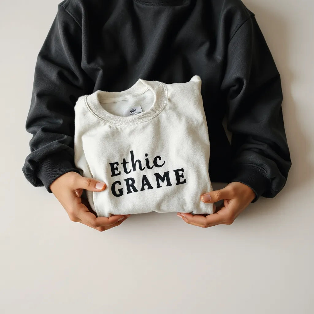 Person holding folded graphic sweatshirts with visible fabric texture and minimal designs on a neutral background
