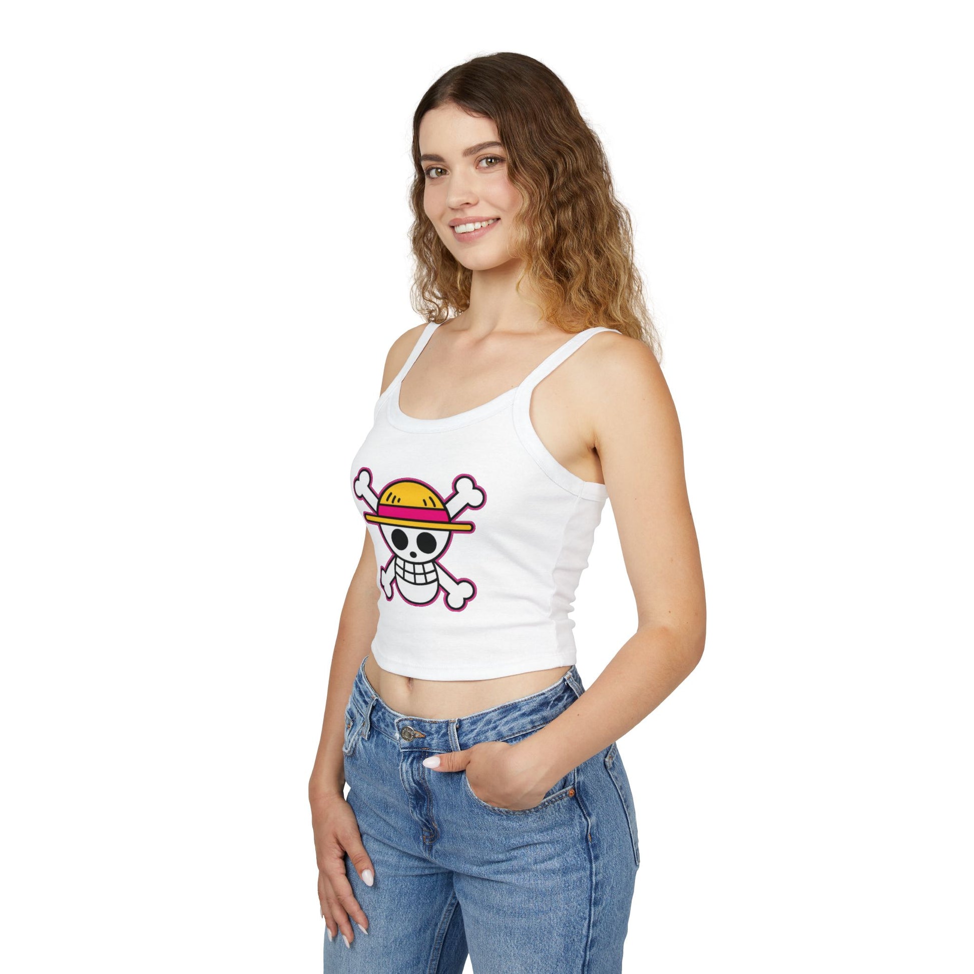 Skull & Straw Hat Crop Tank Top – Anime Pirate Jolly Roger Beach Vibe by Printify