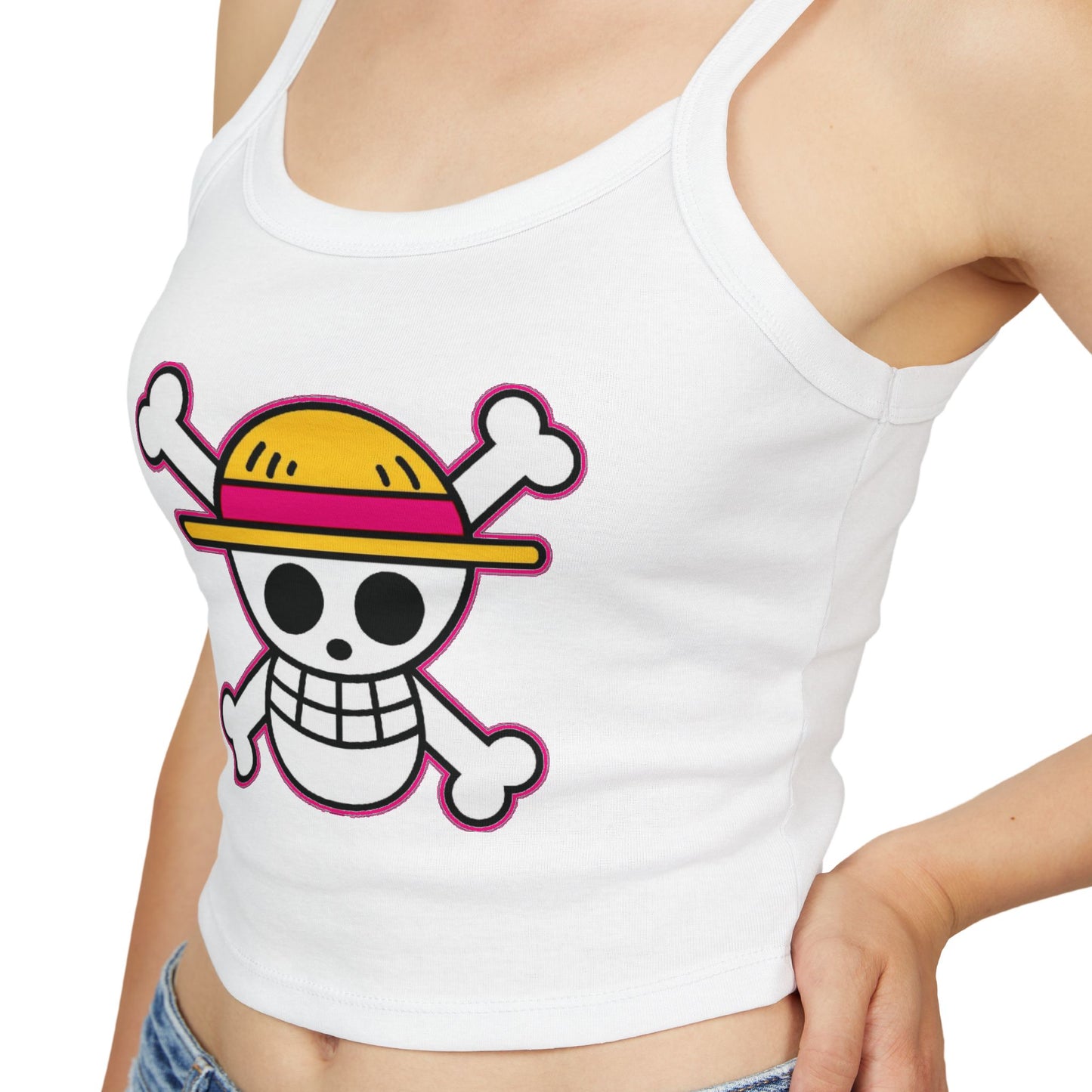 Skull & Straw Hat Crop Tank Top – Anime Pirate Jolly Roger Beach Vibe by Printify