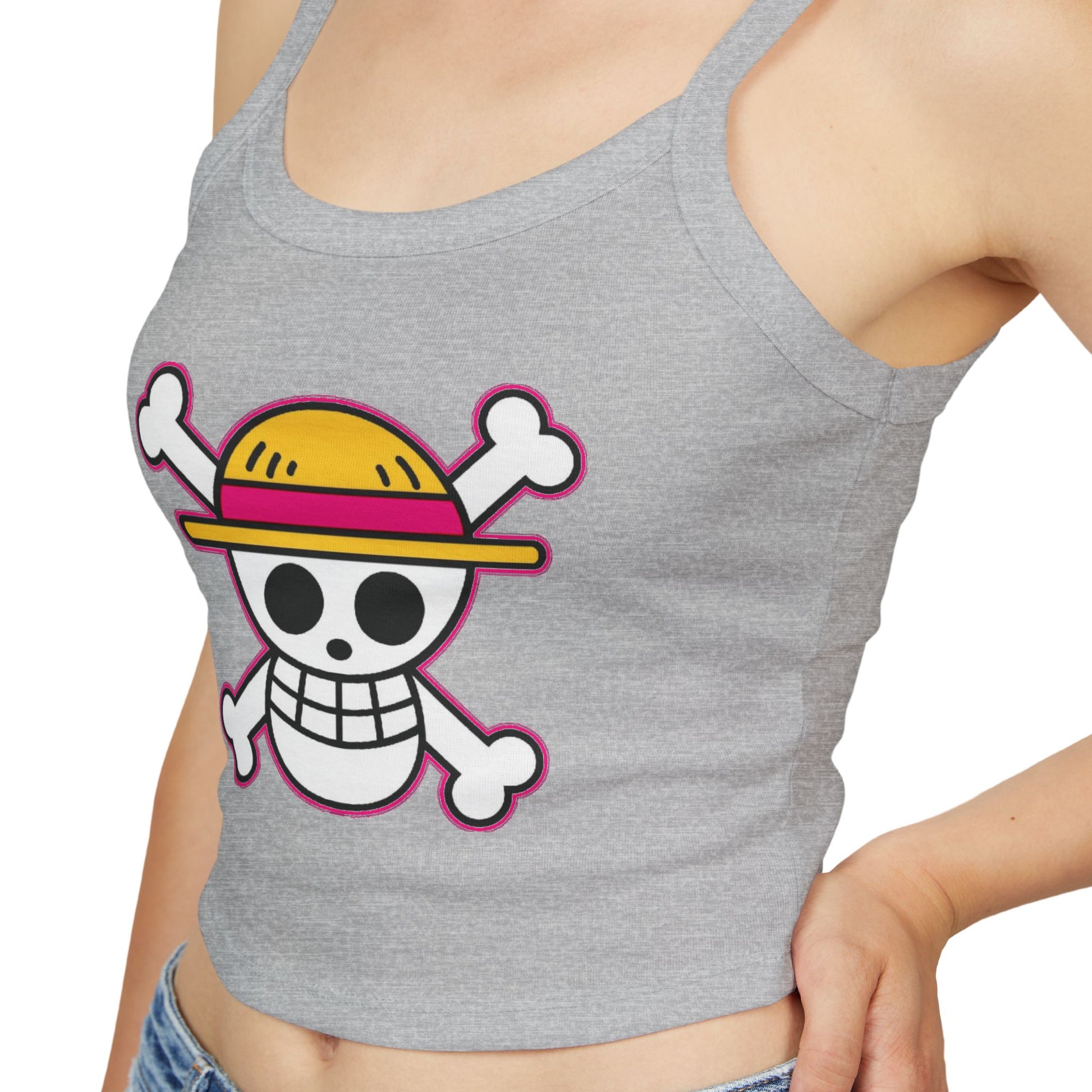 Skull & Straw Hat Crop Tank Top – Anime Pirate Jolly Roger Beach Vibe by Printify