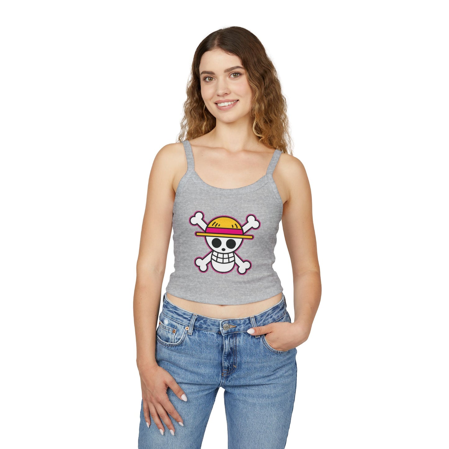 Skull & Straw Hat Crop Tank Top – Anime Pirate Jolly Roger Beach Vibe by Printify