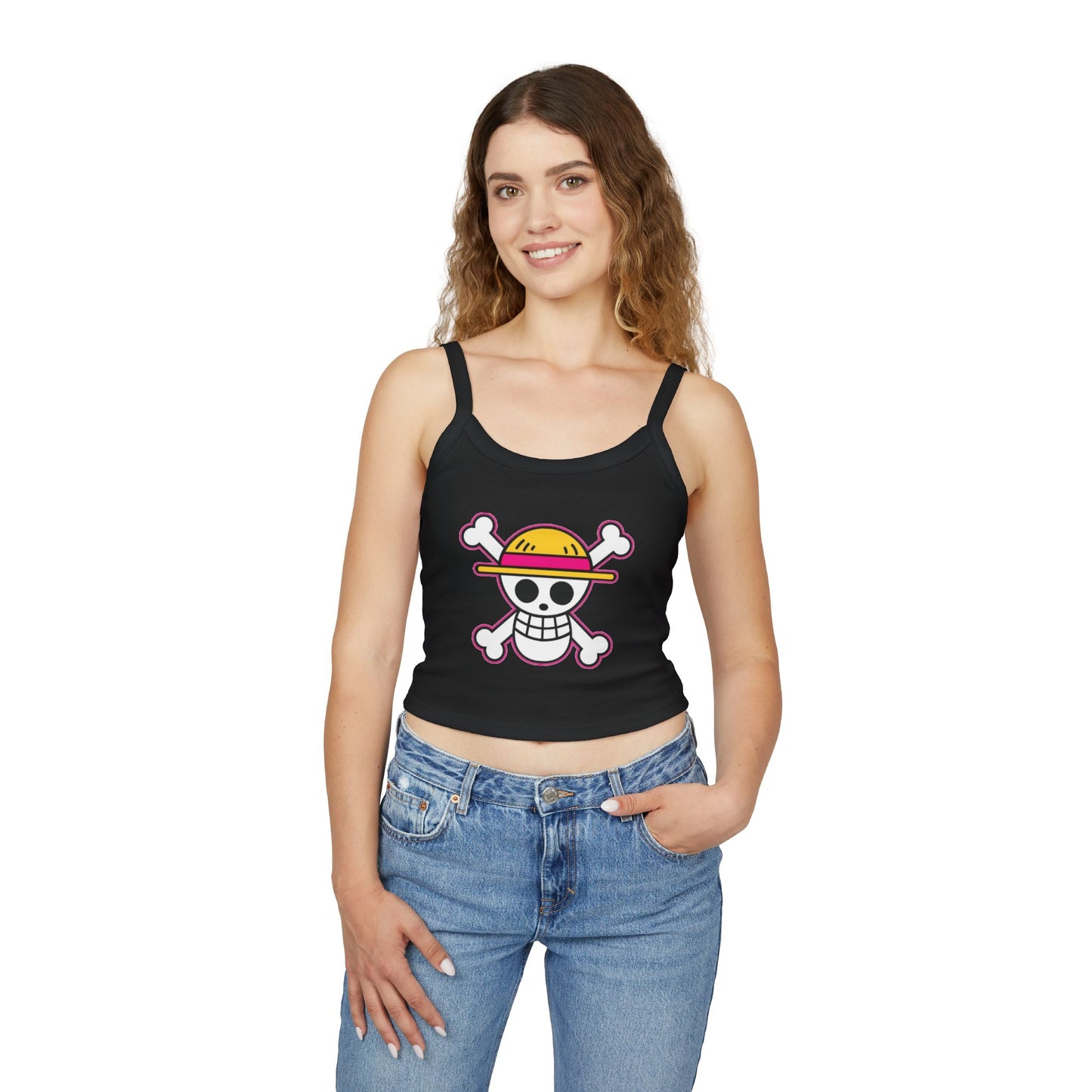 Skull & Straw Hat Crop Tank Top – Anime Pirate Jolly Roger Beach Vibe by Printify