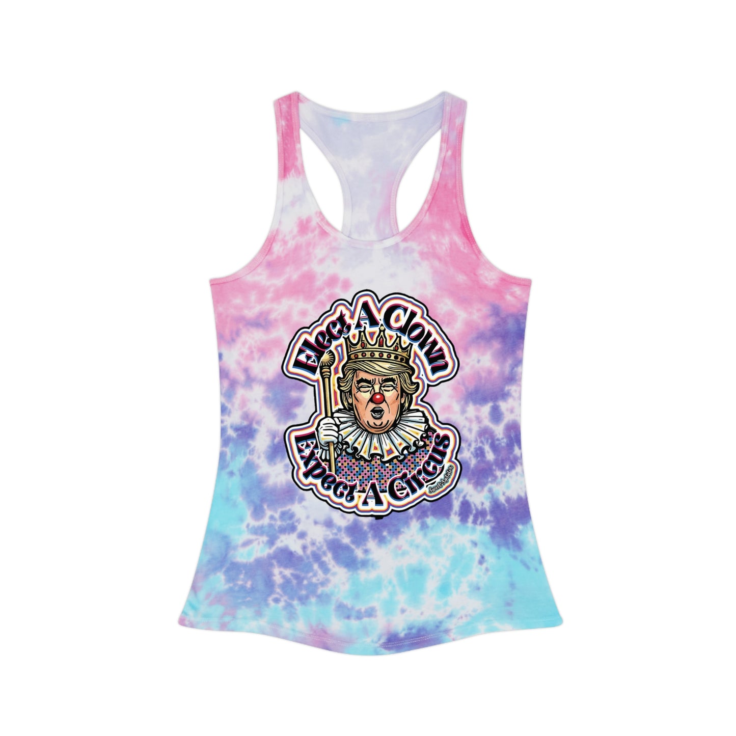 Racerback Tank — Retro Clown 'Face A Clown' Tie-Dye Graphic Tank Top by Printify