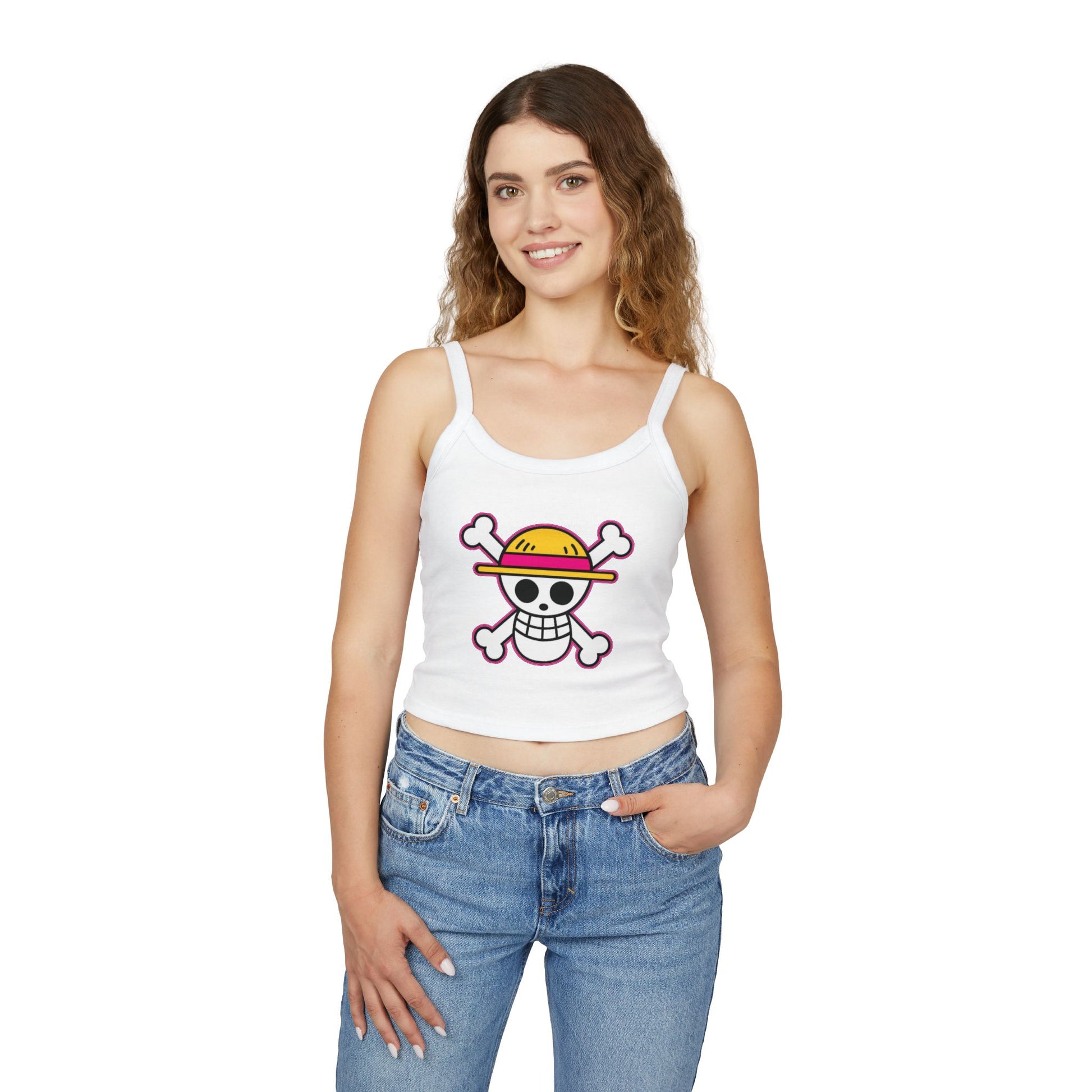 Skull & Straw Hat Crop Tank Top – Anime Pirate Jolly Roger Beach Vibe by Printify