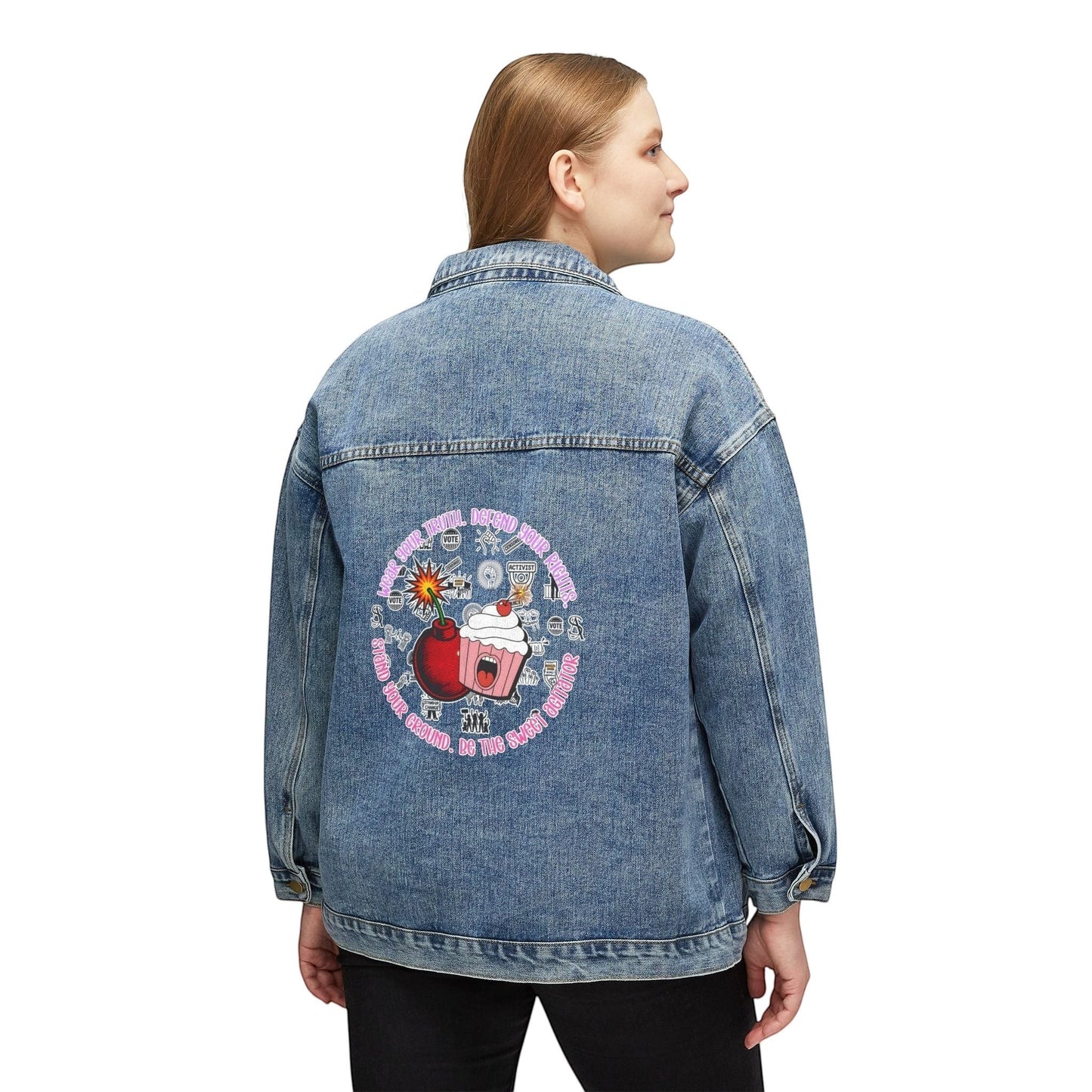 Denim Jacket Outerwear Retro Floral Cupcake Graphic Back Print Model DJ001 by Printify