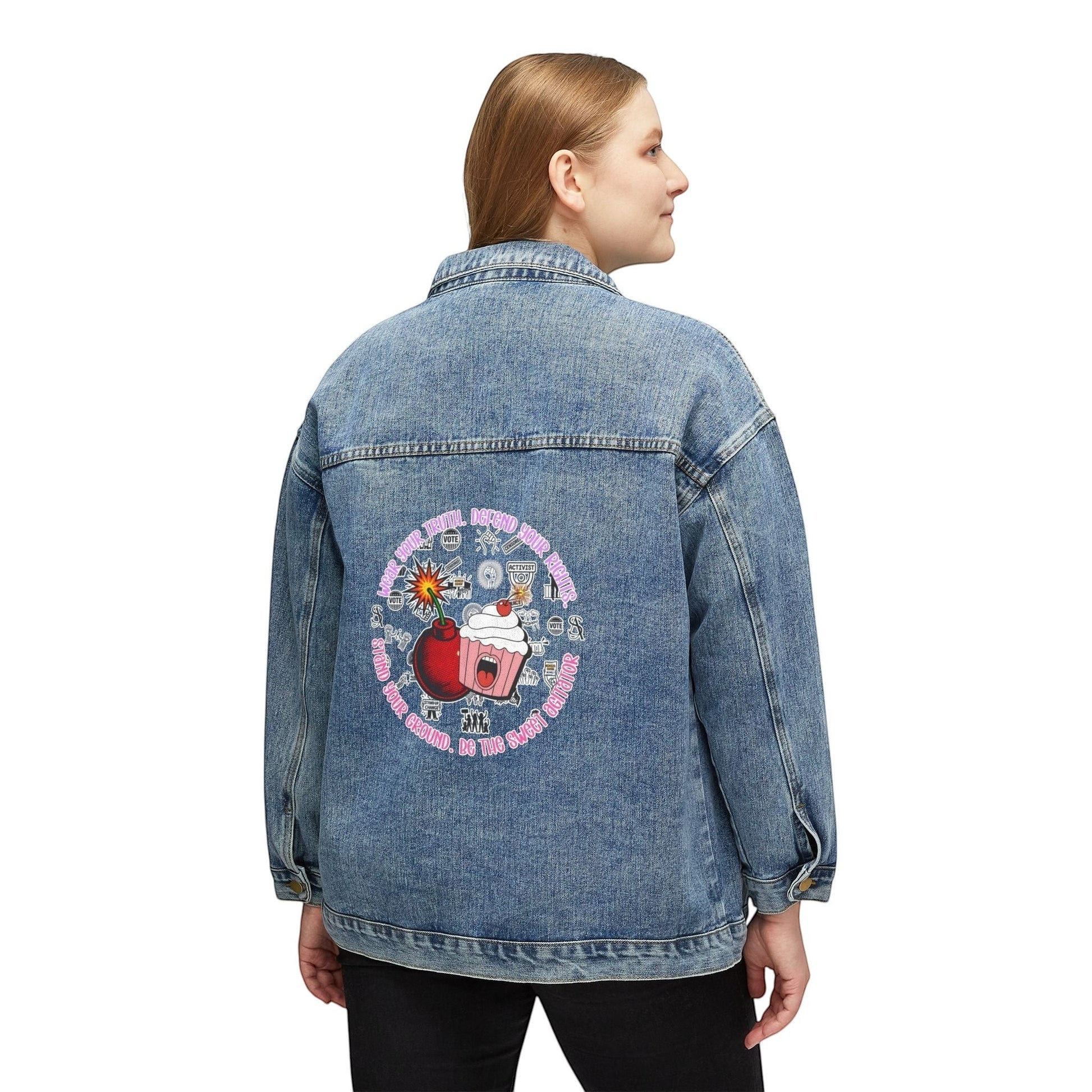 Denim Jacket Outerwear Retro Floral Cupcake Graphic Back Print Model DJ001 by Printify