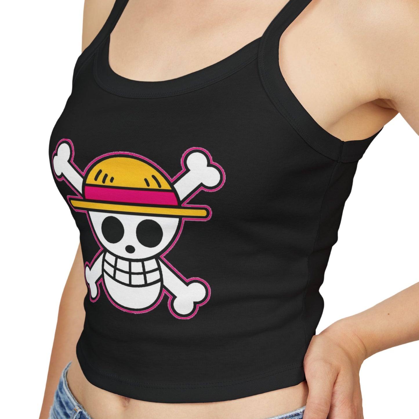 Skull & Straw Hat Crop Tank Top – Anime Pirate Jolly Roger Beach Vibe by Printify