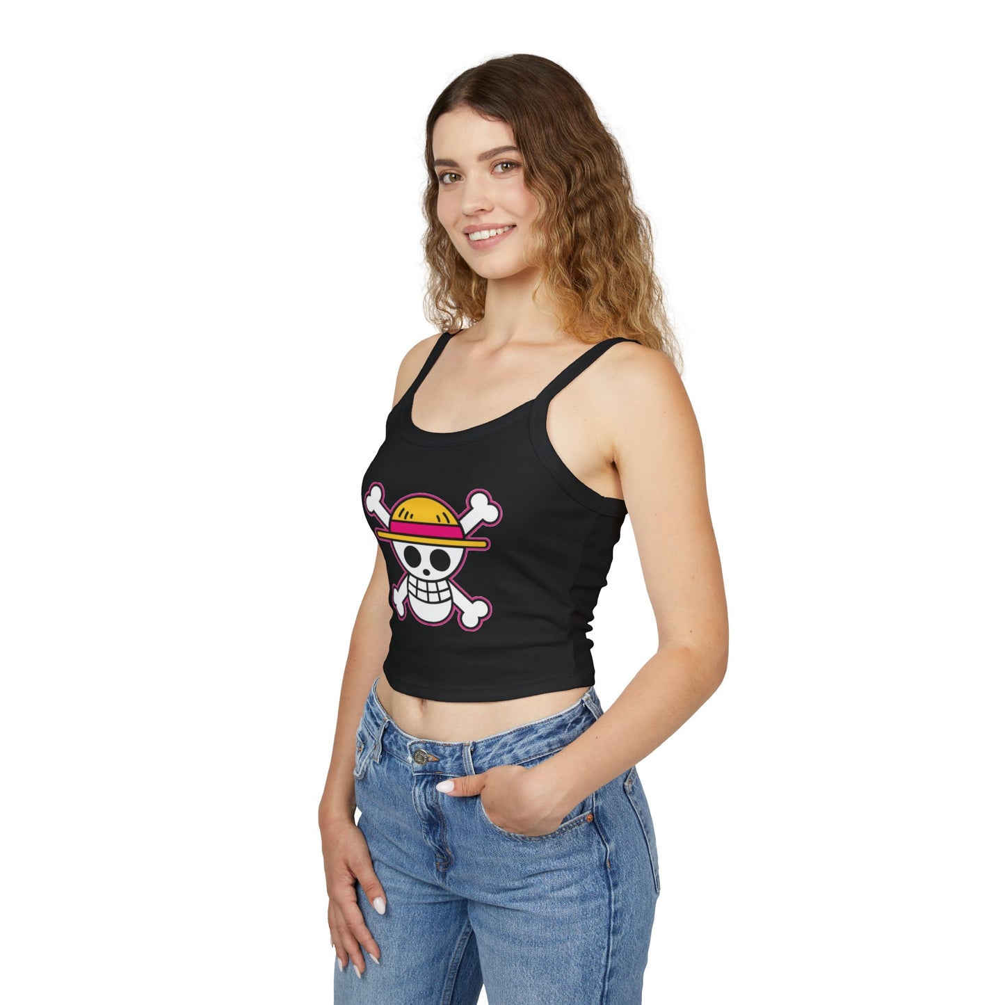 Skull & Straw Hat Crop Tank Top – Anime Pirate Jolly Roger Beach Vibe by Printify