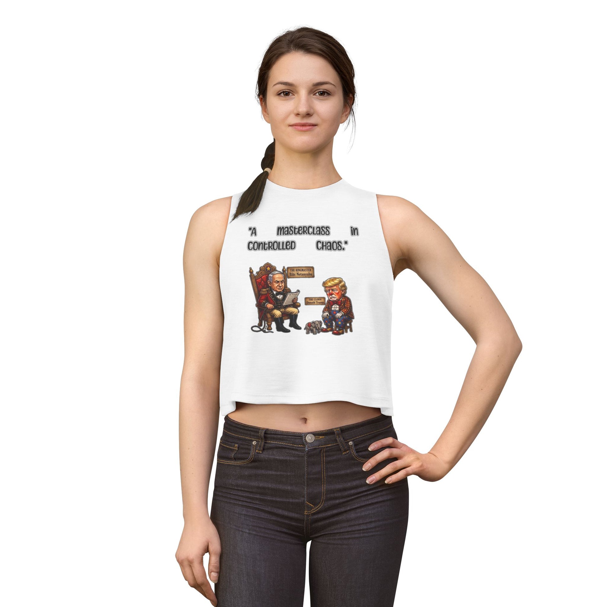 Political Satire Crop Top — "A Masterclass in Controlled Chaos" Graphic by Printify