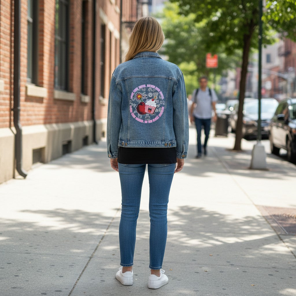 Denim Jacket Outerwear Retro Floral Cupcake Graphic Back Print Model DJ001 by Printify