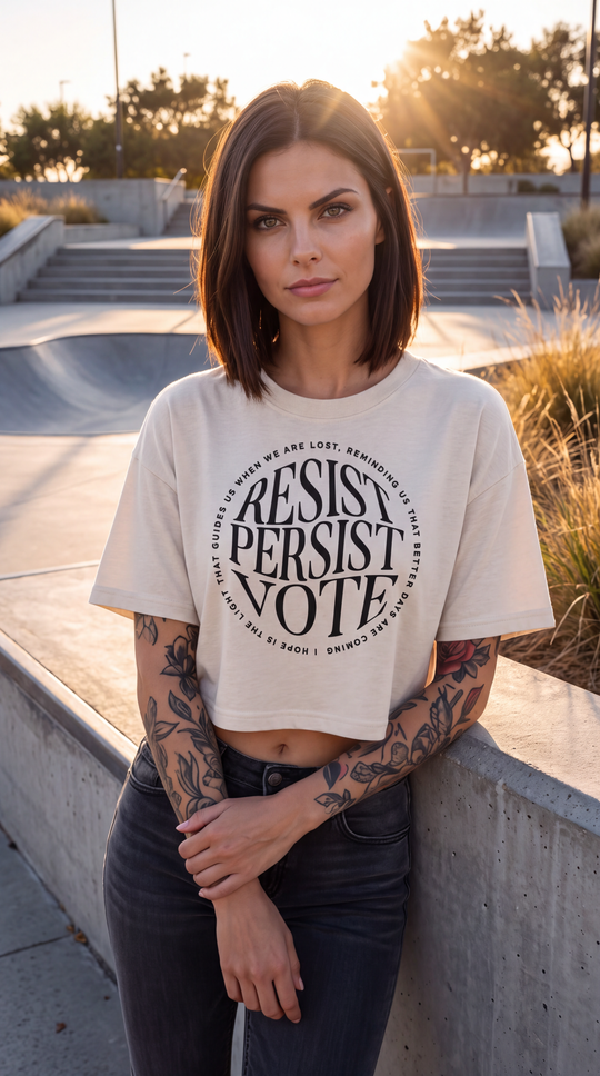 Resist Persist Vote Cropped Cotton T Shirt With Relaxed Fit by Sweet Agitator