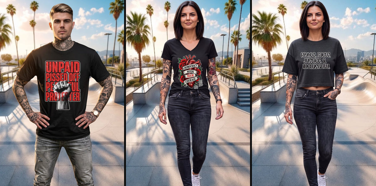 Sweet Agitator lookbook: Unpaid Pissed Off Peaceful Protester tee, Democracy Needs Your Courage V-neck, and Rights, Facts, Justice & Inclusivity crop tee