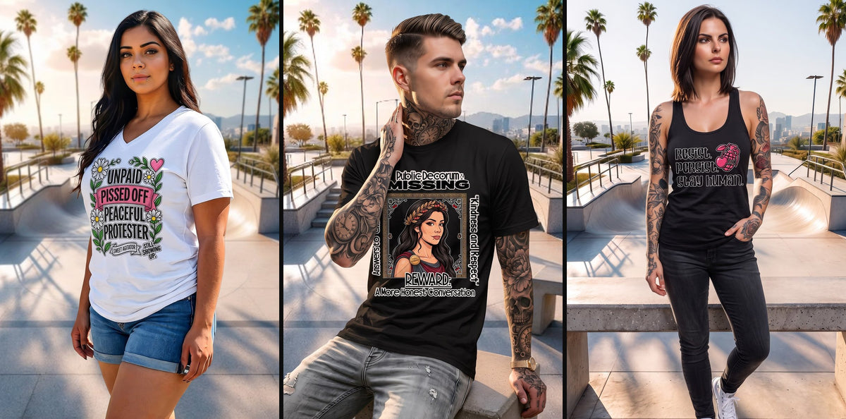Sweet Agitator lookbook: floral Peaceful Protester V-neck, Honest Conversation tee, and Resist Persist Stay Human racerback tank