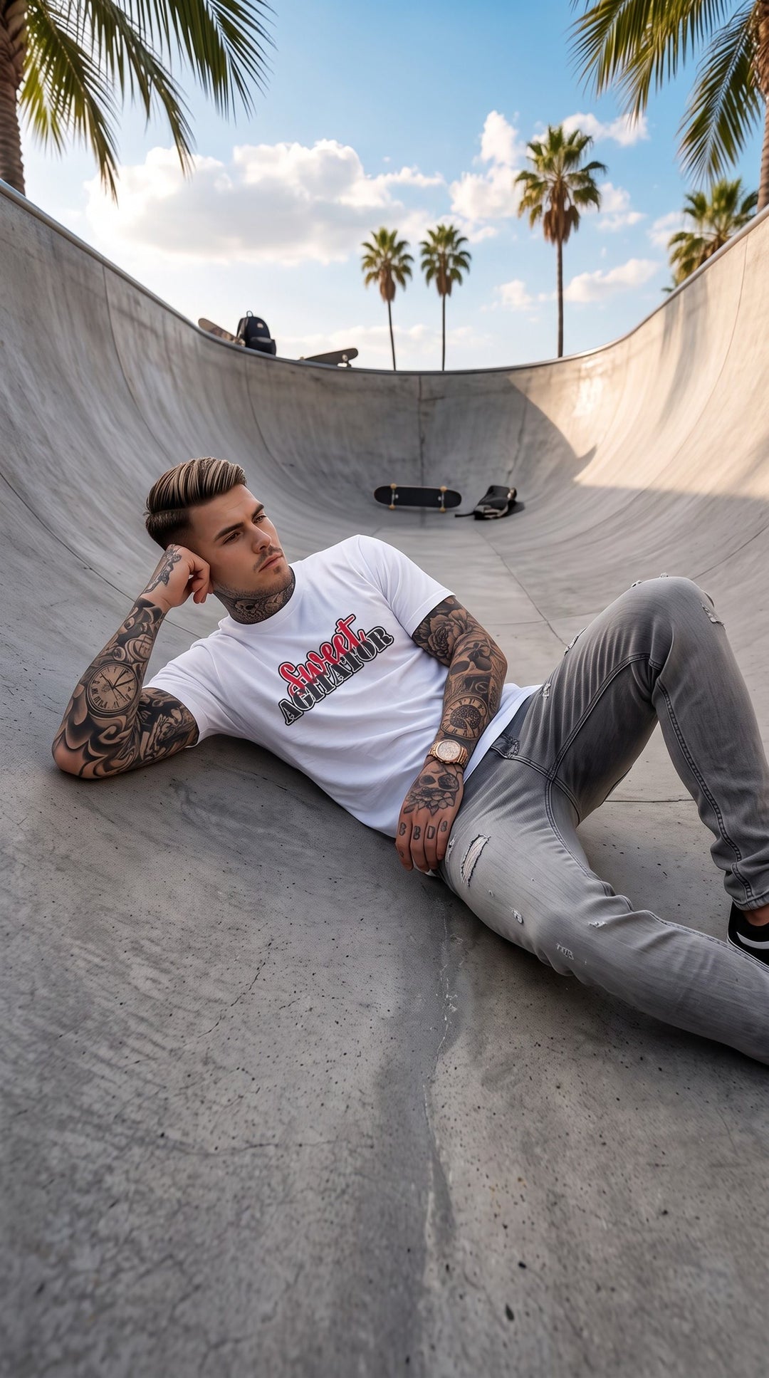 Sweet Agitator wordmark tee worn at a skate park