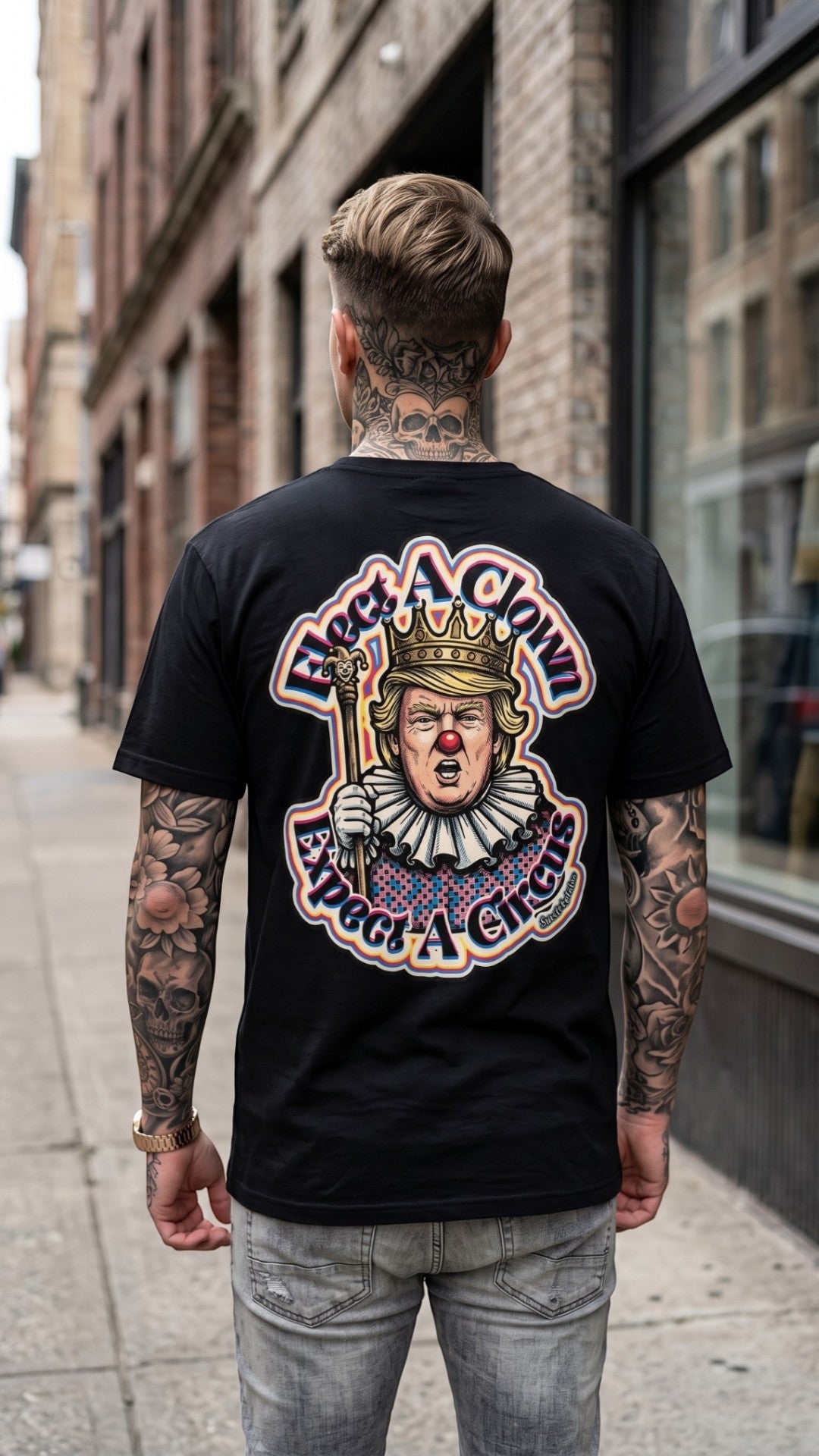 Sweet Agitator black unisex performance tee with Election Clown graphic on back, worn by a tattooed man in the city.