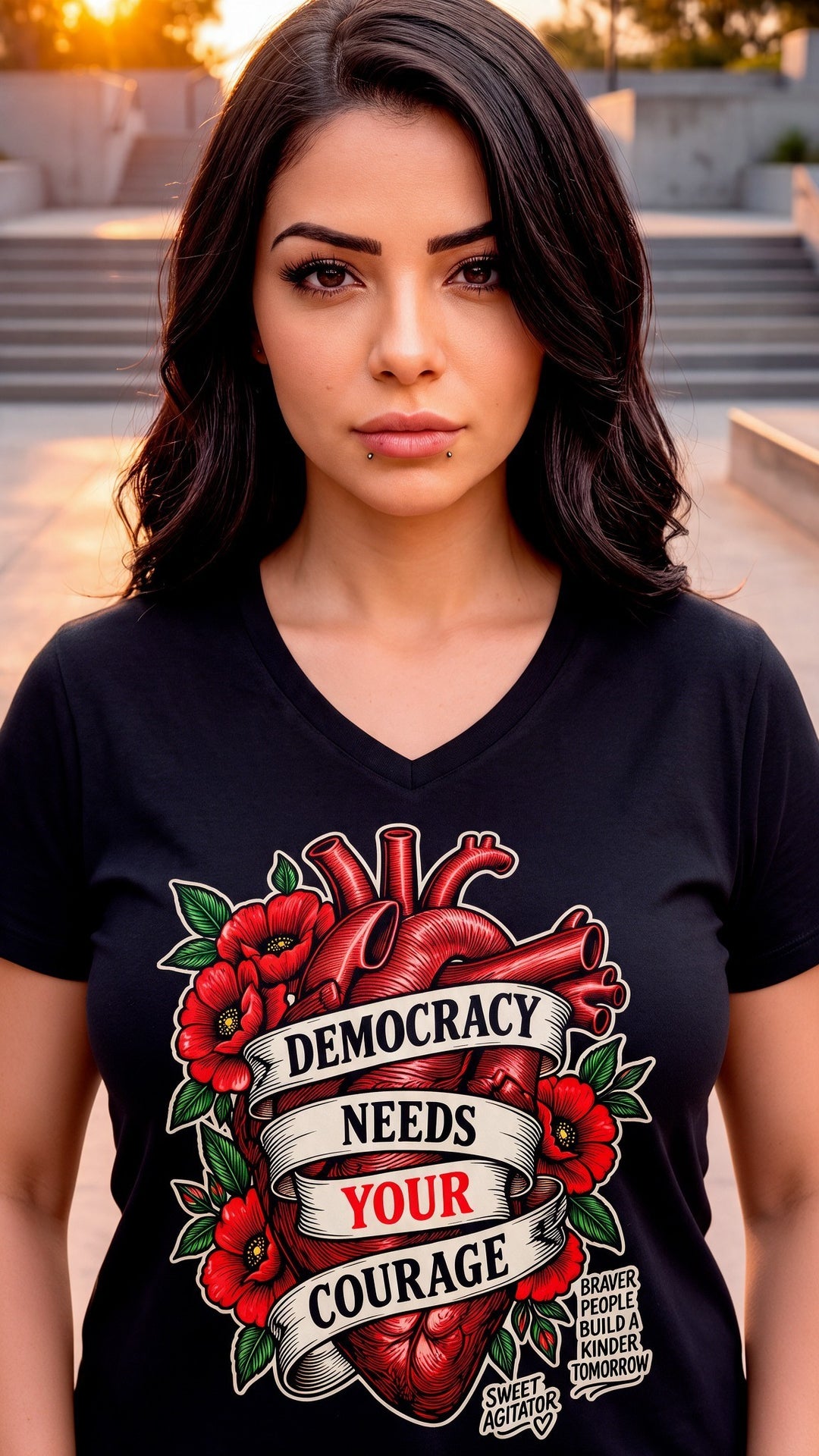 Love For Our Democracy Women's V-Neck T-Shirt For Everyday Wear by Sweet Agitator