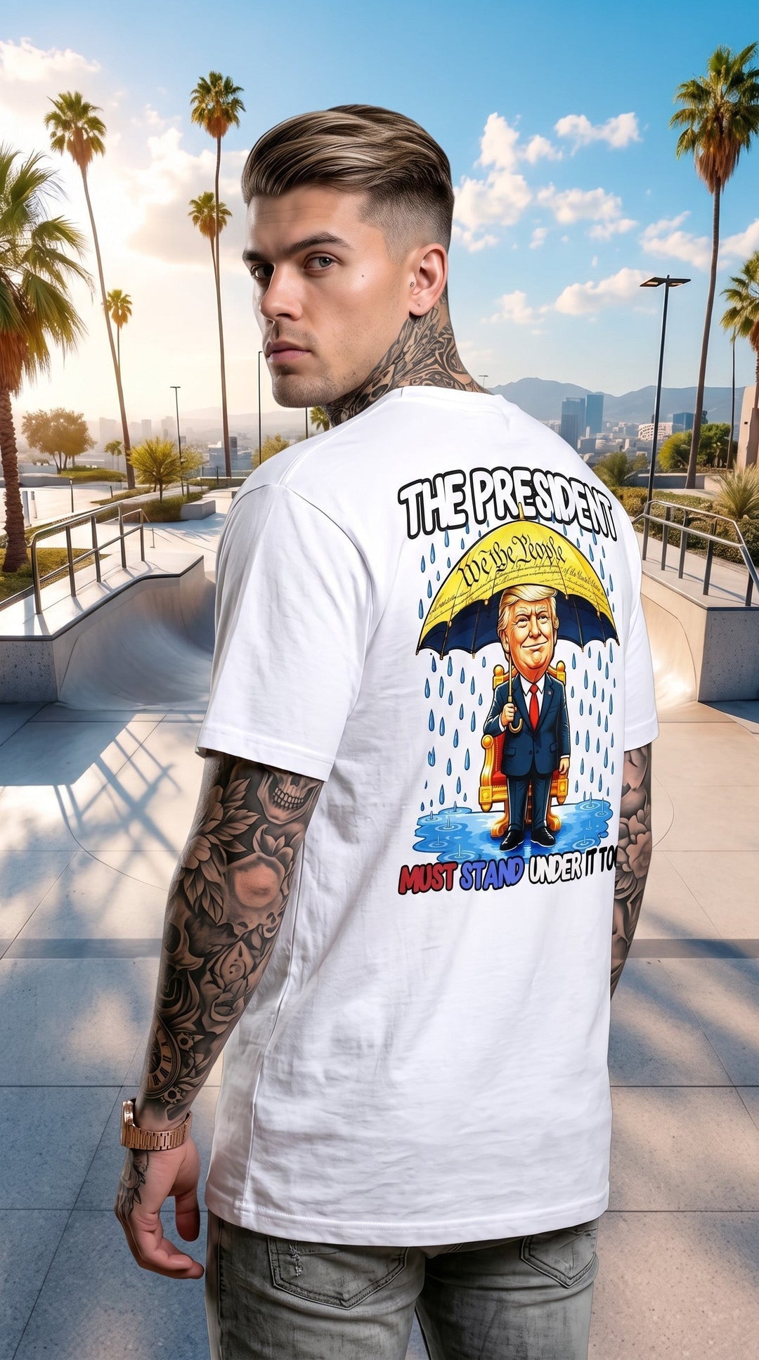Sweet Agitator white cotton t-shirt with a graphic of a man under a yellow umbrella on the back at a skate park.
