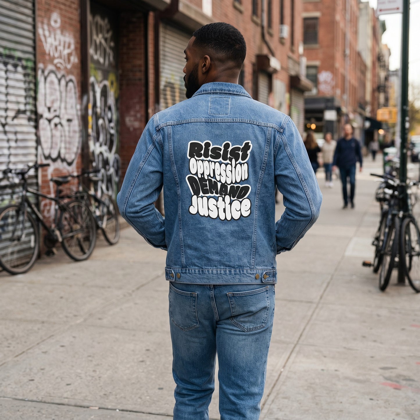 Denim Jacket With Resist Oppression Demand Justice Graphic Back Patch by Printify