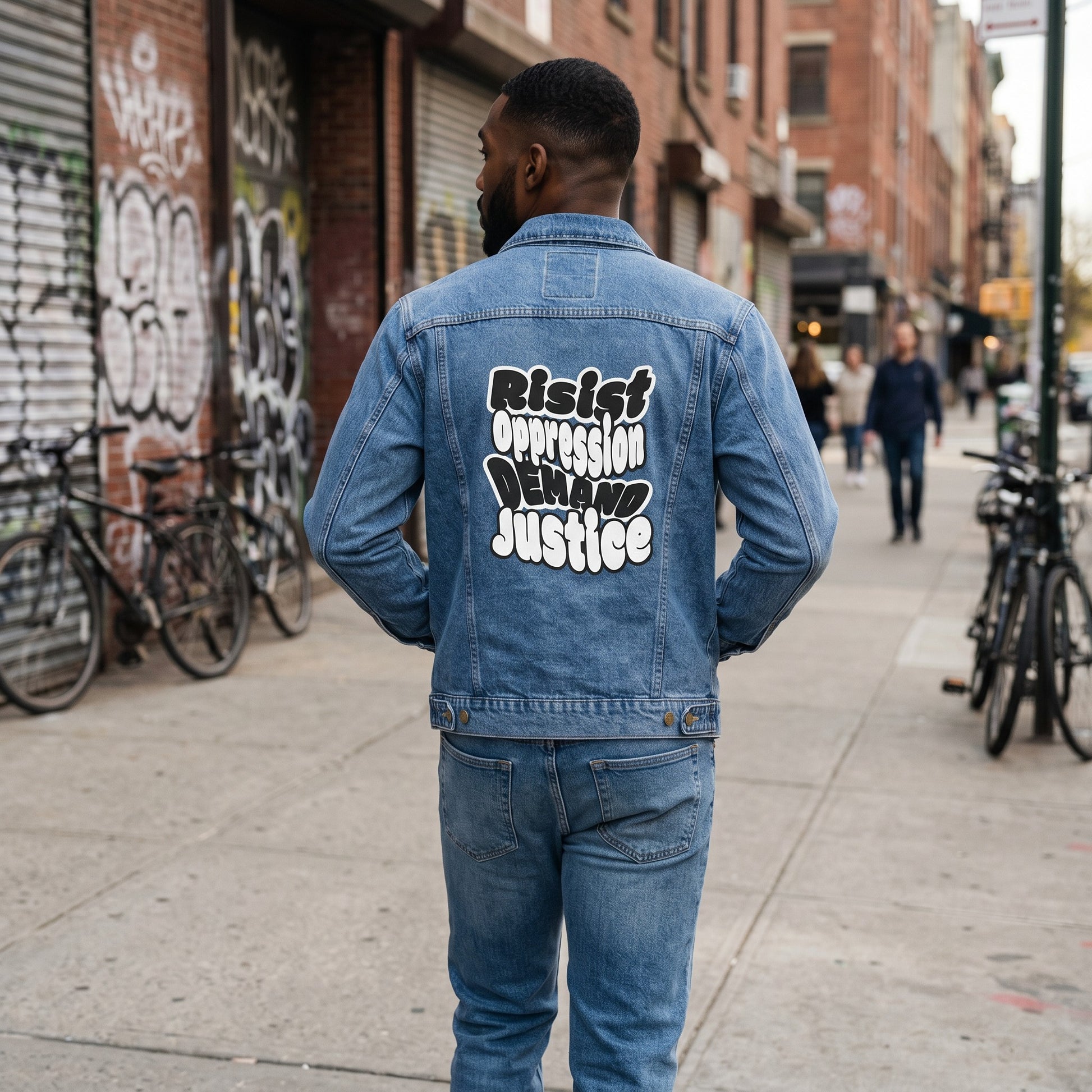 Denim Jacket With Resist Oppression Demand Justice Graphic Back Patch by Printify