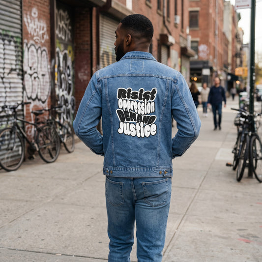 Denim Jacket With Resist Oppression Demand Justice Graphic Back Patch by Printify