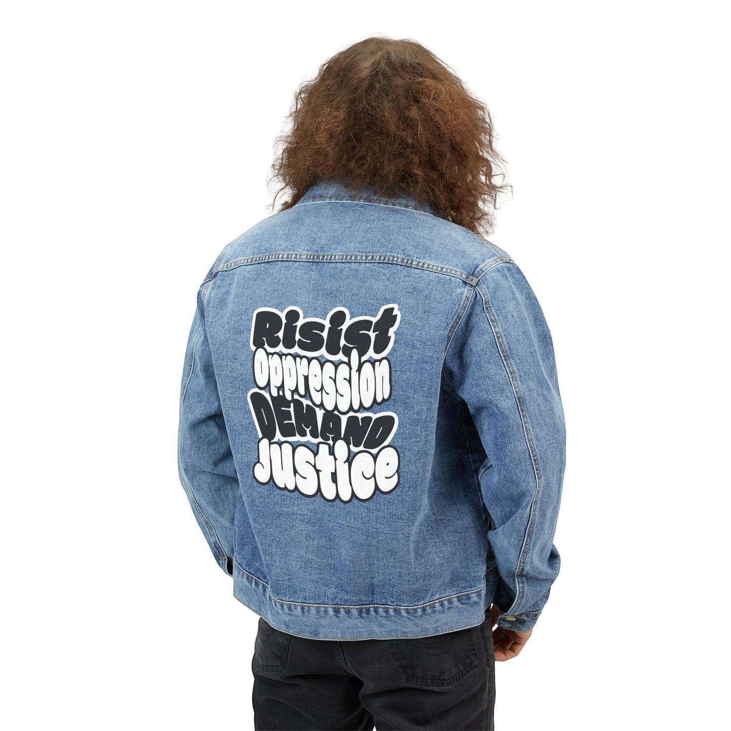 Denim Jacket With Resist Oppression Demand Justice Graphic Back Patch by Printify