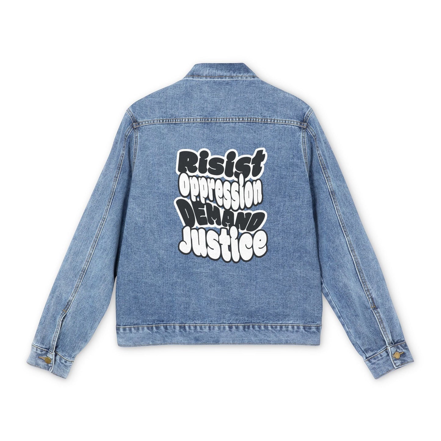 Denim Jacket With Resist Oppression Demand Justice Graphic Back Patch by Printify