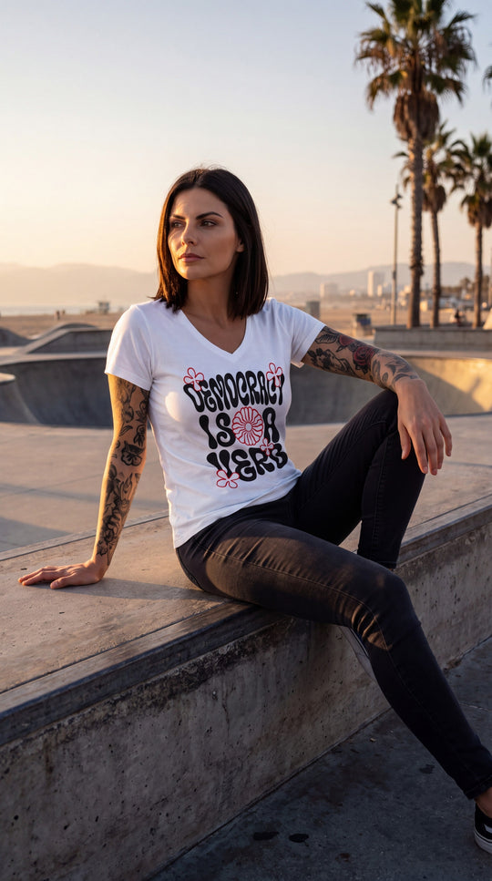 Sweet Agitator white V-neck tee with Democracy Is a Verb floral graphic, worn by a woman at a skatepark at sunset.