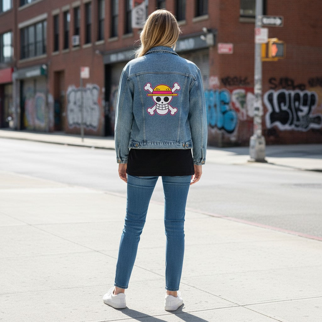 Pirate Denim Jacket Outerwear For Women Skull Back Patch PJK001 by Printify
