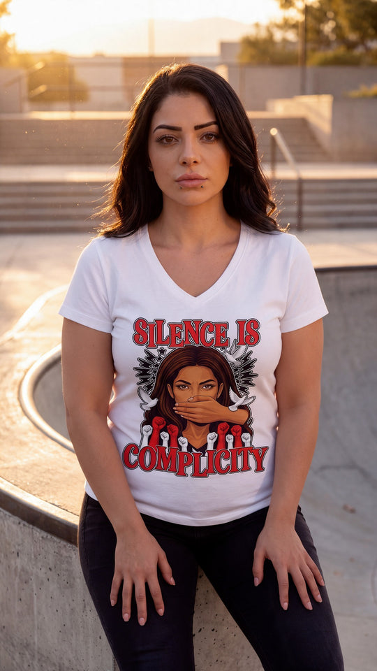 Silence Is Complicity V-Neck Tee by Sweet Agitator
