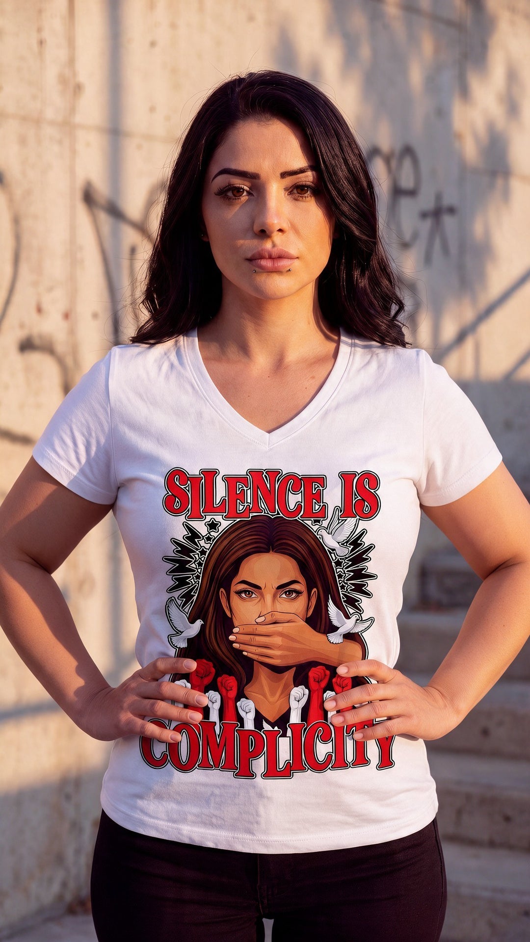 Silence Is Complicity V-Neck Tee by Sweet Agitator