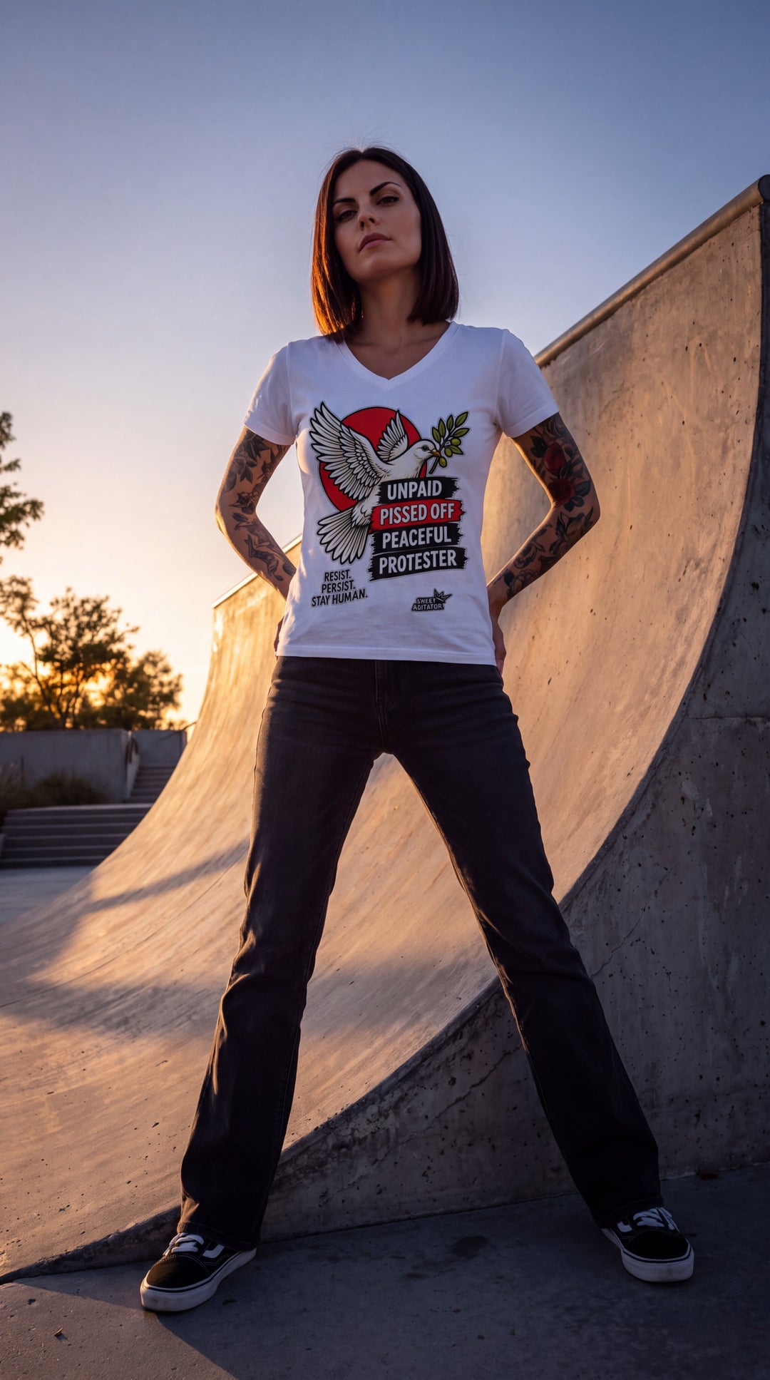 Peaceful Protester Graphic V-Neck T-Shirt by Sweet Agitator