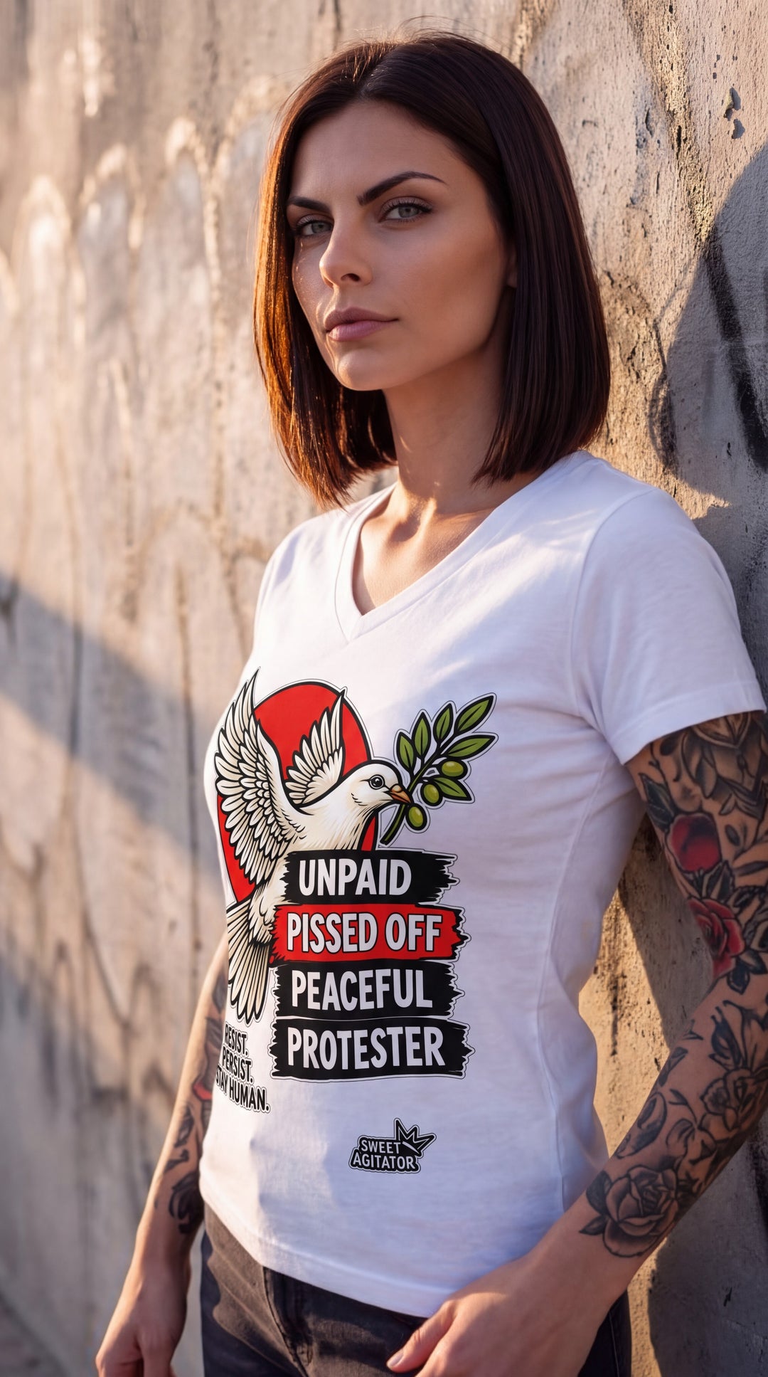 Peaceful Protester Graphic V-Neck T-Shirt by Sweet Agitator