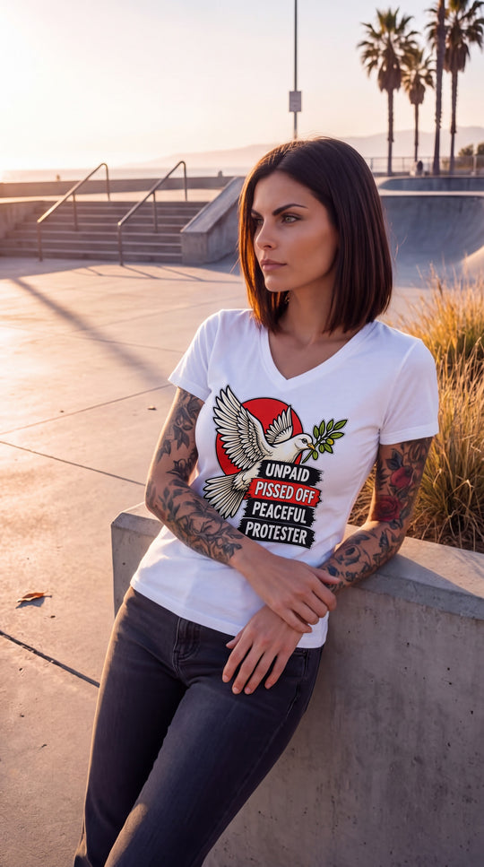 Peaceful Protester Graphic V-Neck T-Shirt by Sweet Agitator