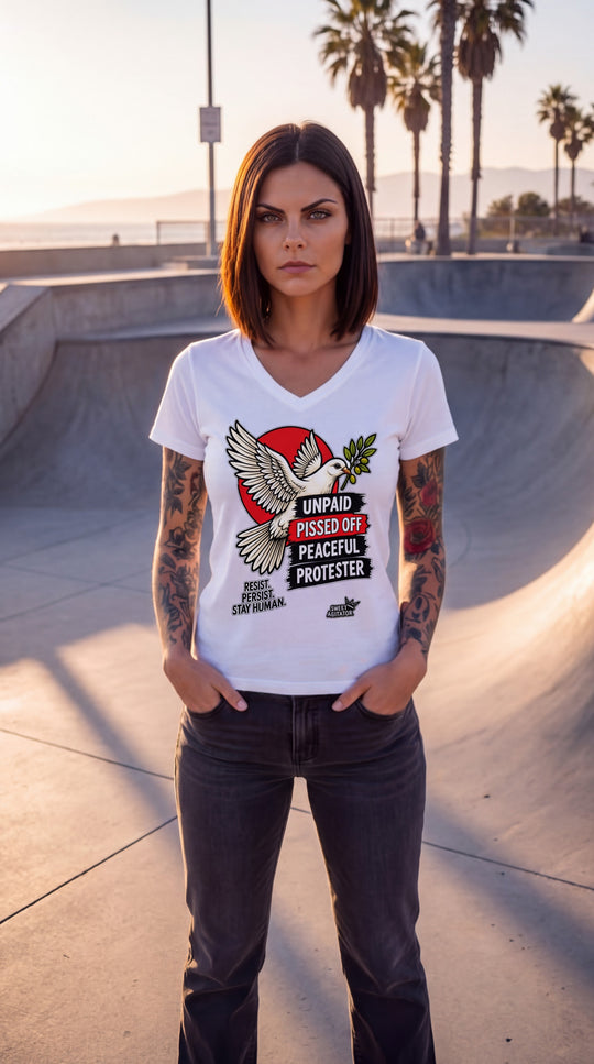 Peaceful Protester Graphic V-Neck T-Shirt by Sweet Agitator