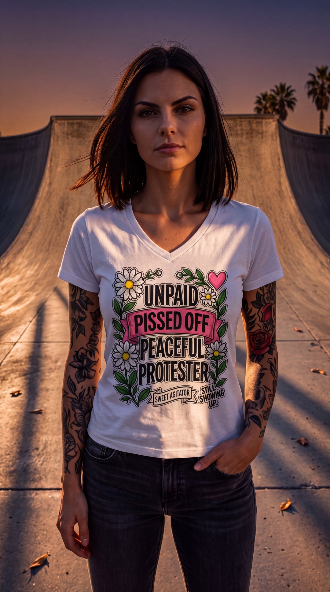 Unpaid, Pissed Off &amp; Peaceful Protester V-Neck Tee by Sweet Agitator