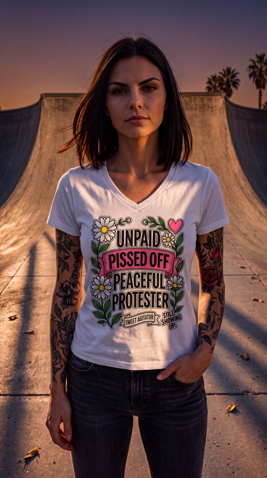 Unpaid, Pissed Off &amp; Peaceful Protester V-Neck Tee by Sweet Agitator