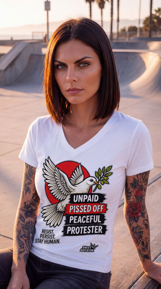 Peaceful Protester Graphic V-Neck T-Shirt by Sweet Agitator