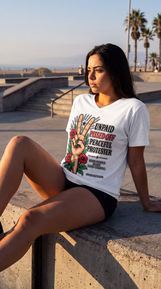 Peacefull Protestor Womens V Neck T Shirt Everyday Wear by Sweet Agitator