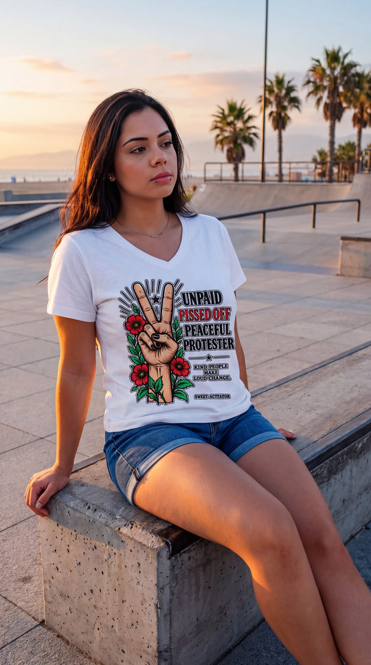 Peacefull Protestor Womens V Neck T Shirt Everyday Wear by Sweet Agitator
