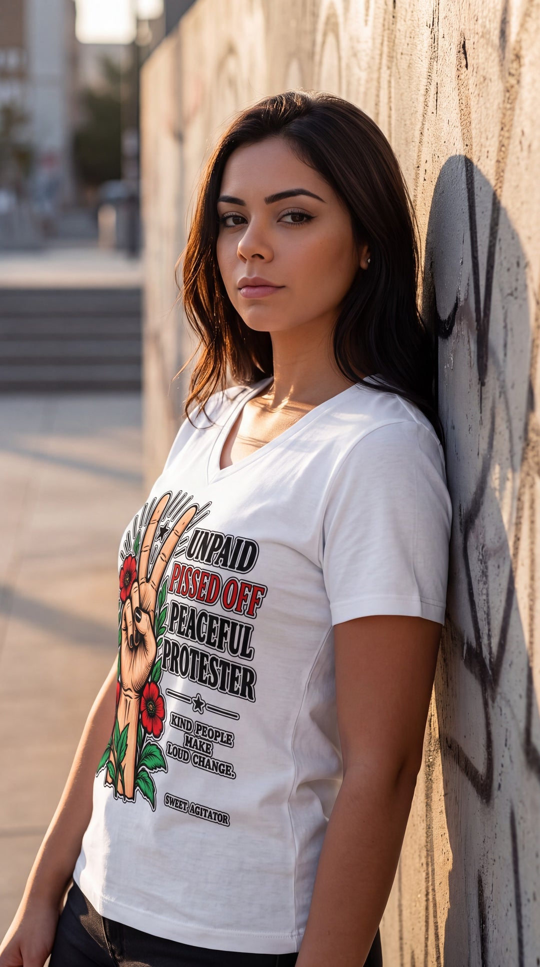 Peacefull Protestor Womens V Neck T Shirt Everyday Wear by Sweet Agitator