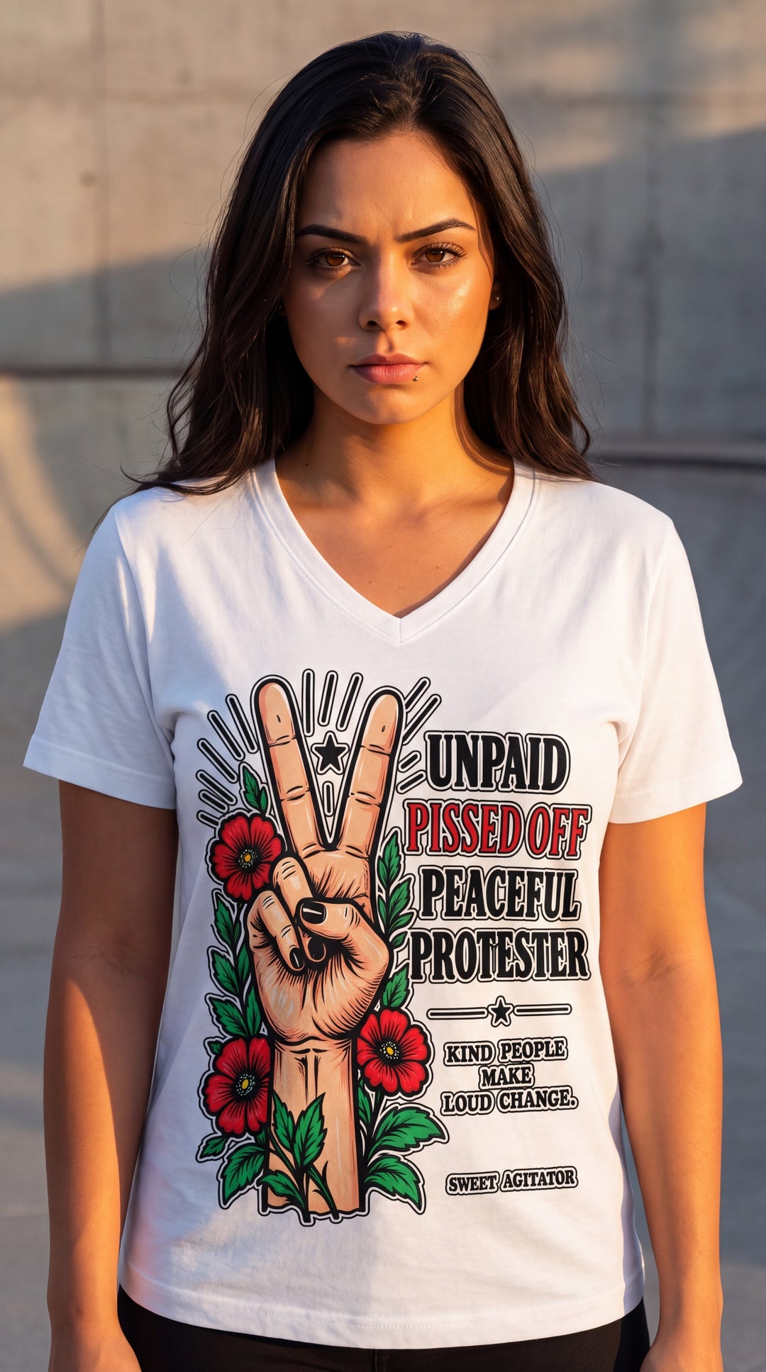 Peacefull Protestor Womens V Neck T Shirt Everyday Wear by Sweet Agitator