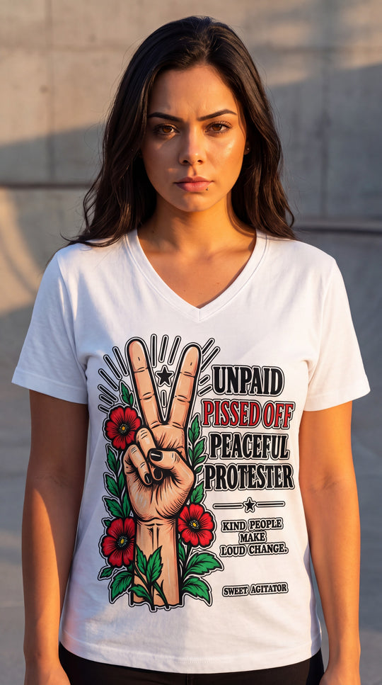 Peacefull Protestor Womens V Neck T Shirt Everyday Wear by Sweet Agitator