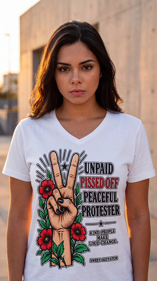 Peacefull Protestor Womens V Neck T Shirt Everyday Wear by Sweet Agitator