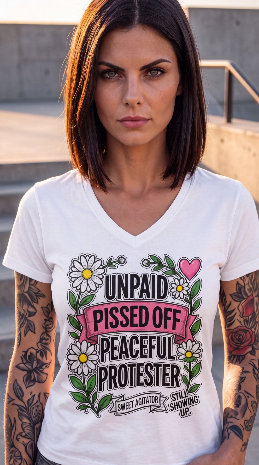 Unpaid, Pissed Off & Peaceful Protester V-Neck Tee by Sweet Agitator