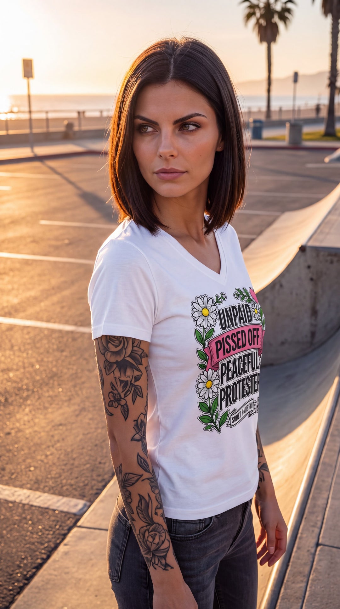 Unpaid, Pissed Off &amp; Peaceful Protester V-Neck Tee by Sweet Agitator